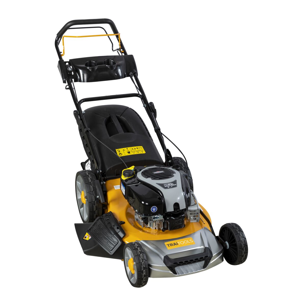 Traitools 4 in 1 Self Propelled Swivel Wheels Lawn Mower Yellow and